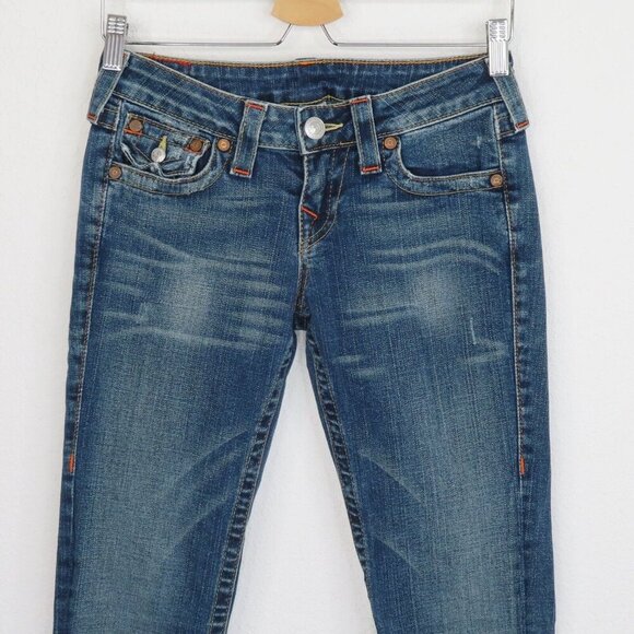 True Religion Womens 26 Billy Blue Distressed Straight Leg Denim Jeans Pants - Picture 2 of 11